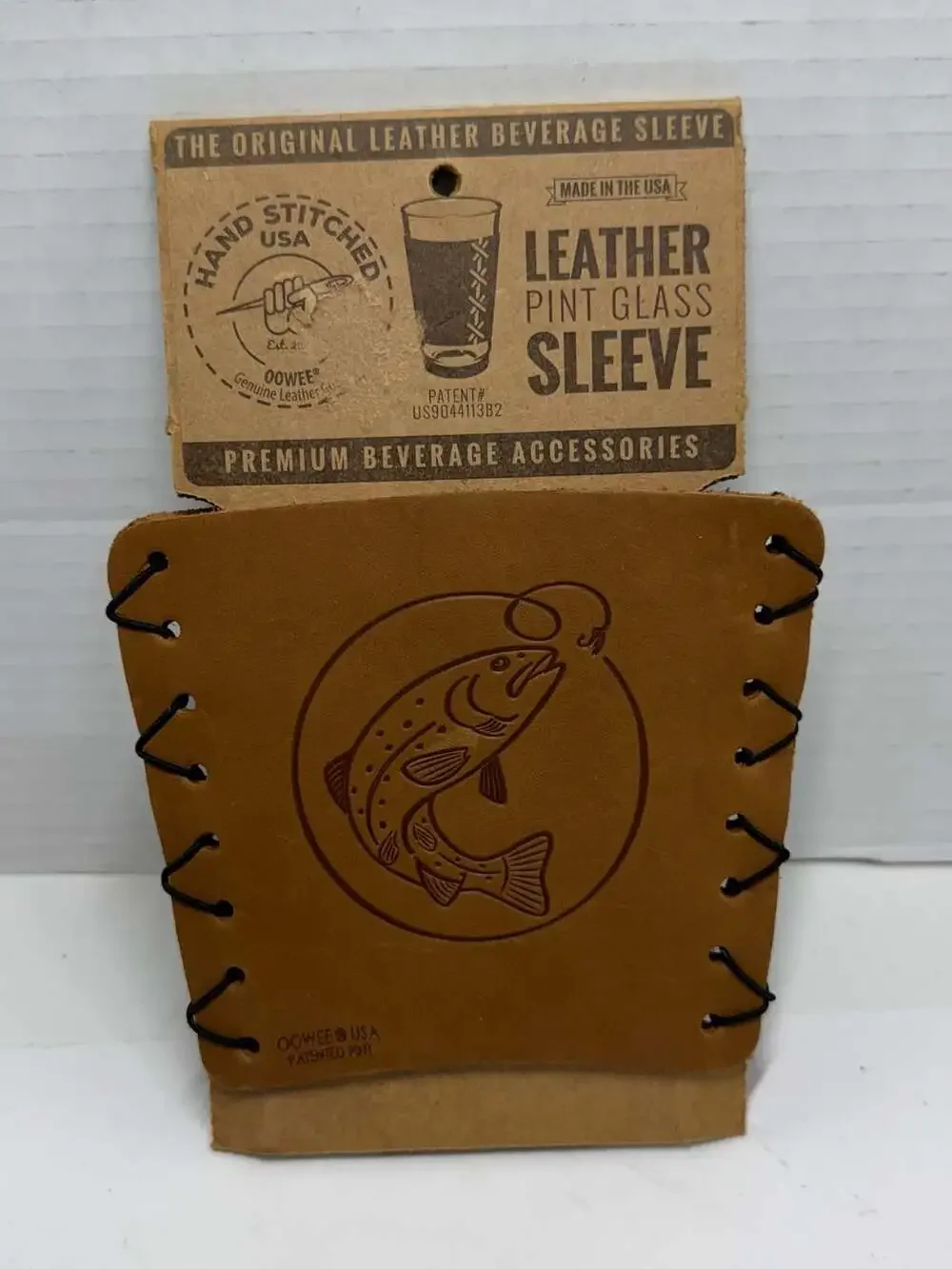 Oowee Leather Pint Glass Sleeve with Trout Fish Design